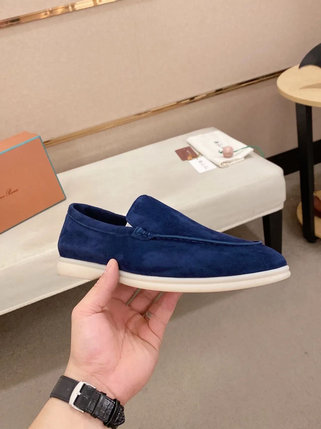 Navy White Suede Upper Moc-Toe Detail Loafer 4