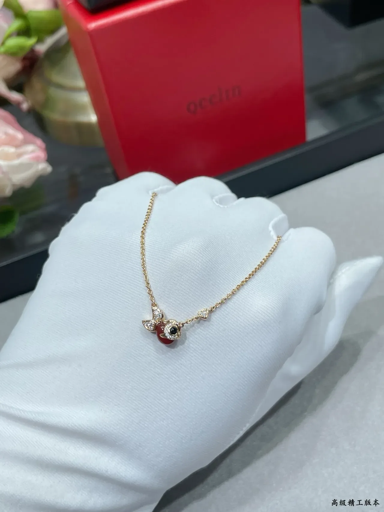 Oeelin Rose Gold Red Cabochon Fish Pendant Necklace 3