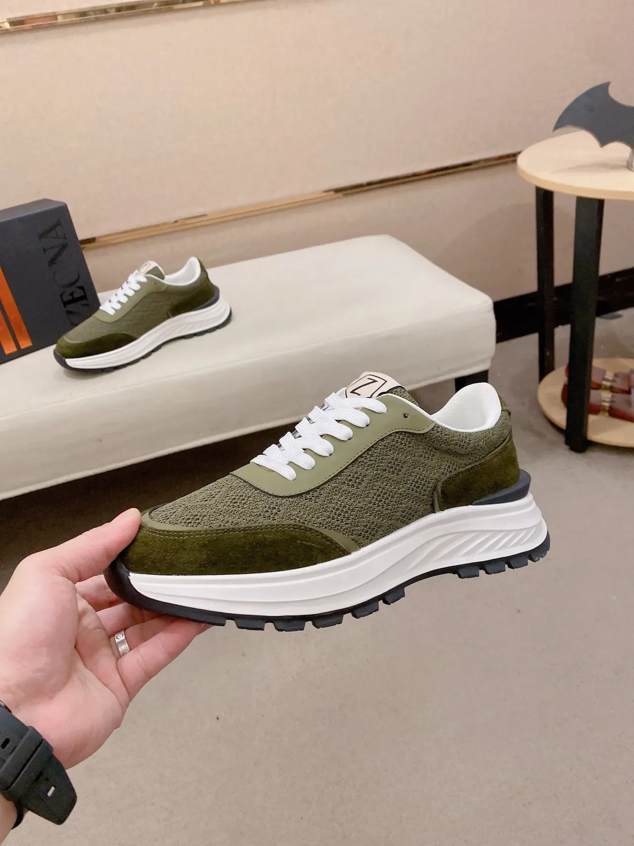 Olive Green Mesh and Suede Chunky Platform Sneaker 3