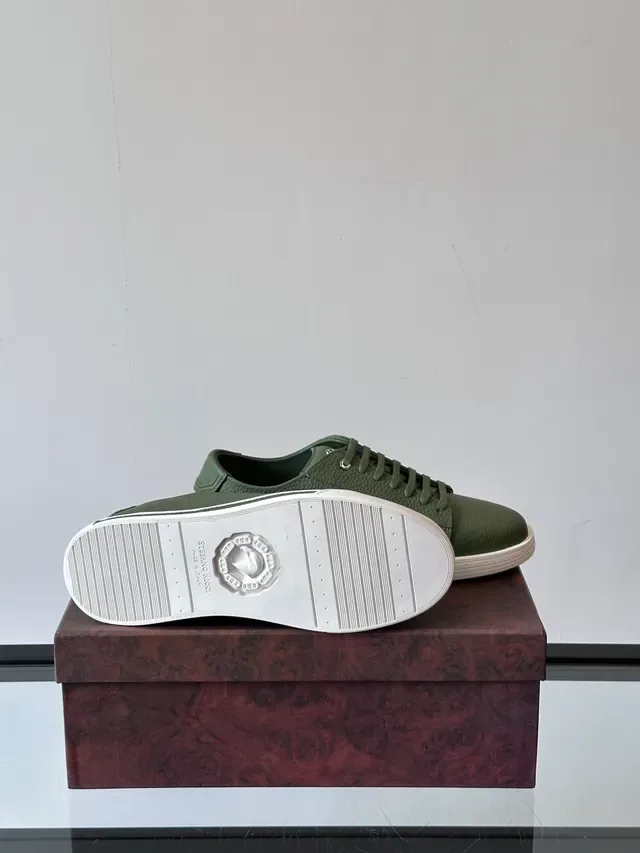 Olive Green Pebbled Leather Low-Top Sneakers 2
