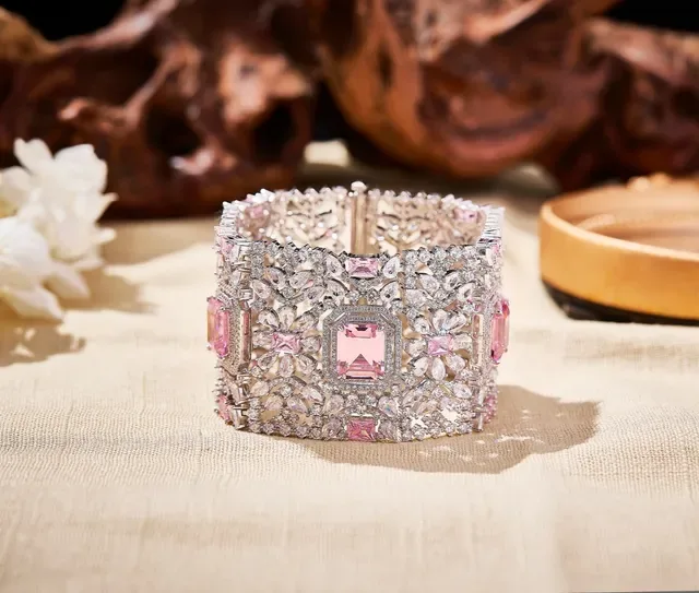 Ornate Gold-Tone Pavé Red Gemstone Filigree Cuff Bracelet 2