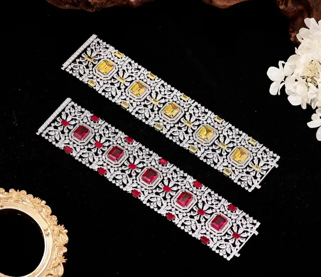 Ornate Gold-Tone Pavé Red Gemstone Filigree Cuff Bracelet 3