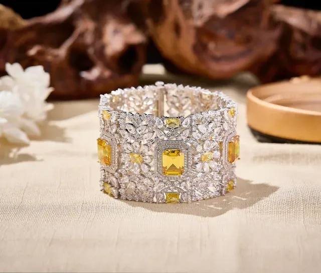 Ornate Gold-Tone Pavé Red Gemstone Filigree Cuff Bracelet 4