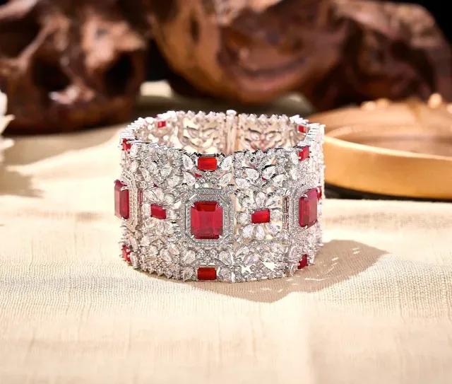 Ornate Gold-Tone Pavé Red Gemstone Filigree Cuff Bracelet 5