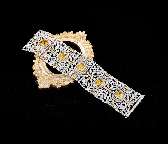 Ornate Gold-Tone Pavé Red Gemstone Filigree Cuff Bracelet 7
