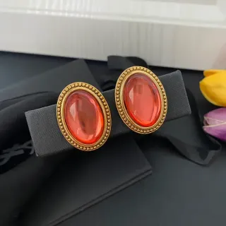 Oval Red-Orange Cabochon Beaded Gold-Tone Earrings