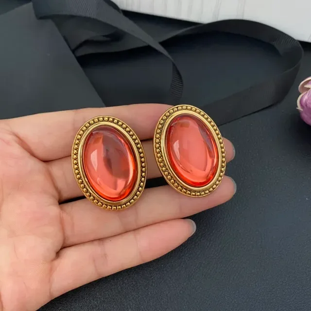 Oval Red-Orange Cabochon Beaded Gold-Tone Earrings 4