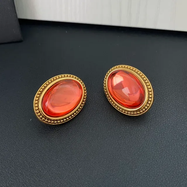 Oval Red-Orange Cabochon Beaded Gold-Tone Earrings 6