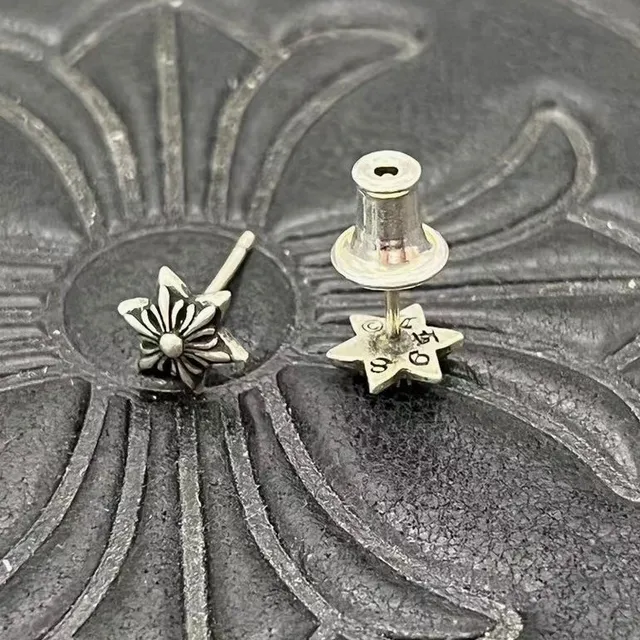 Oxidized Silver Floral and Star Stud Earrings 5