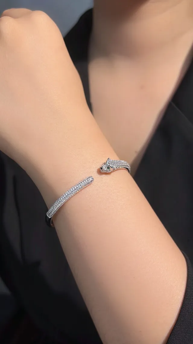 Panther-Head Pavé Crystal Open Cuff Bracelets 5