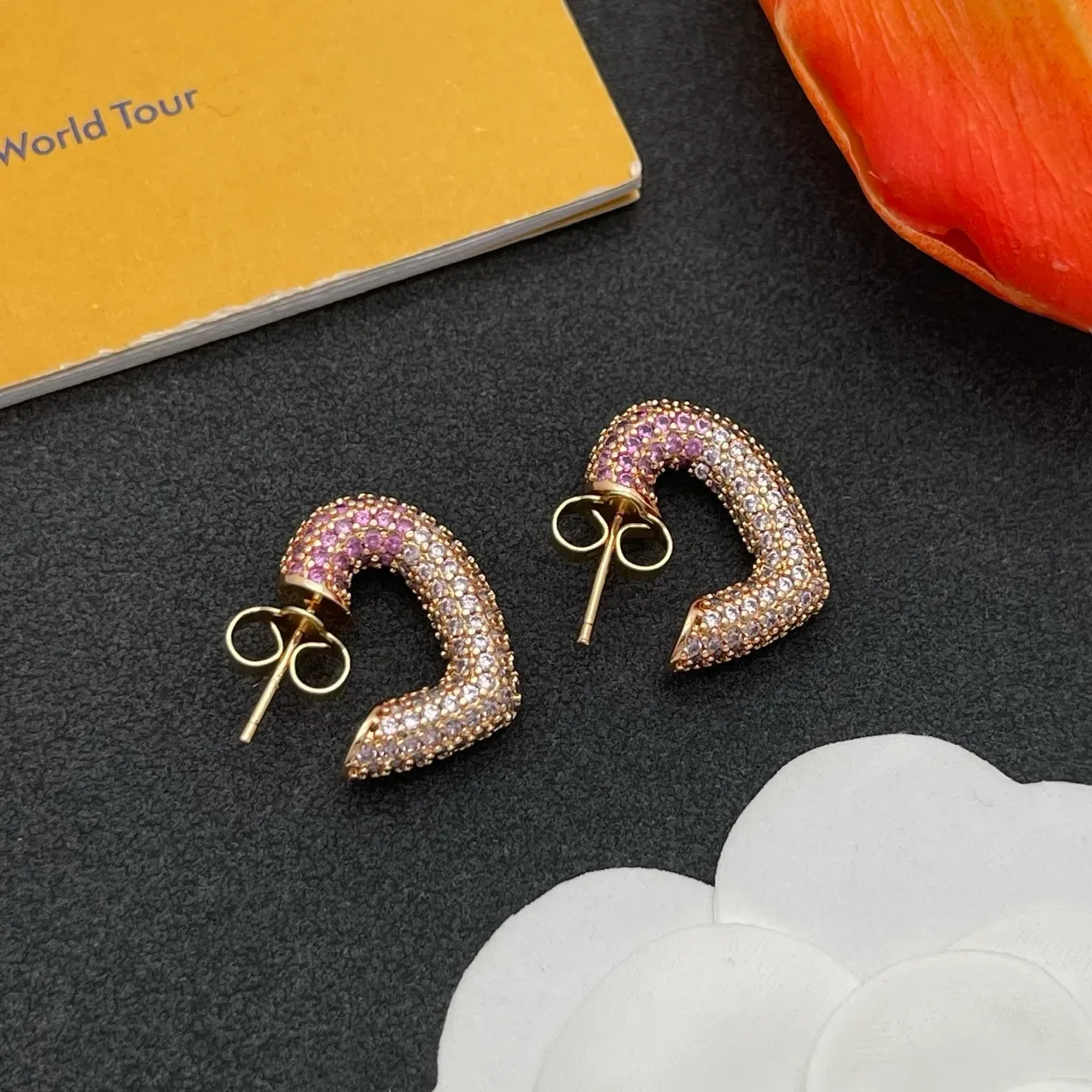 Pavé Gradient Purple Rose Gold C-Shaped Hoop Earrings 6