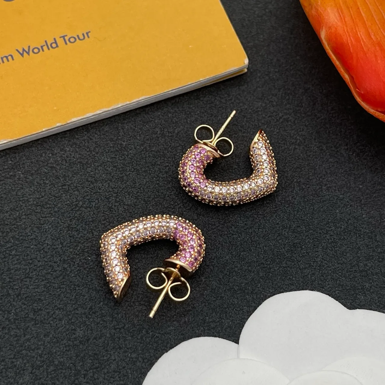 Pavé Gradient Purple Rose Gold C-Shaped Hoop Earrings 7