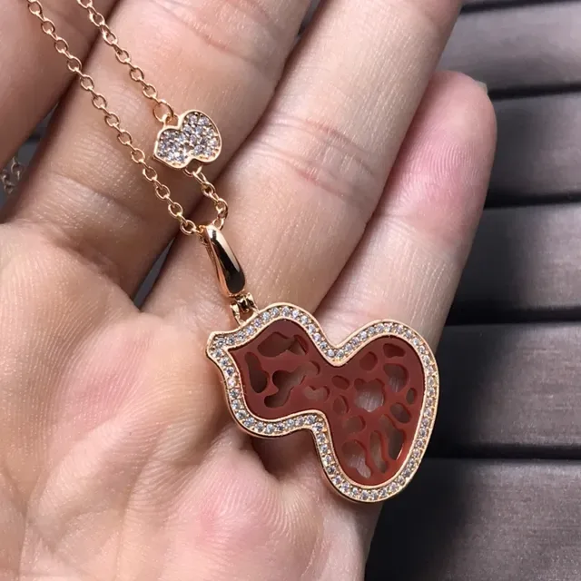 Pave-Set Carved Red Stone Double Heart Pendant Necklace 2