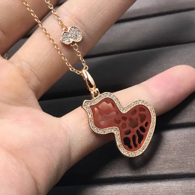 Pave-Set Carved Red Stone Double Heart Pendant Necklace 7