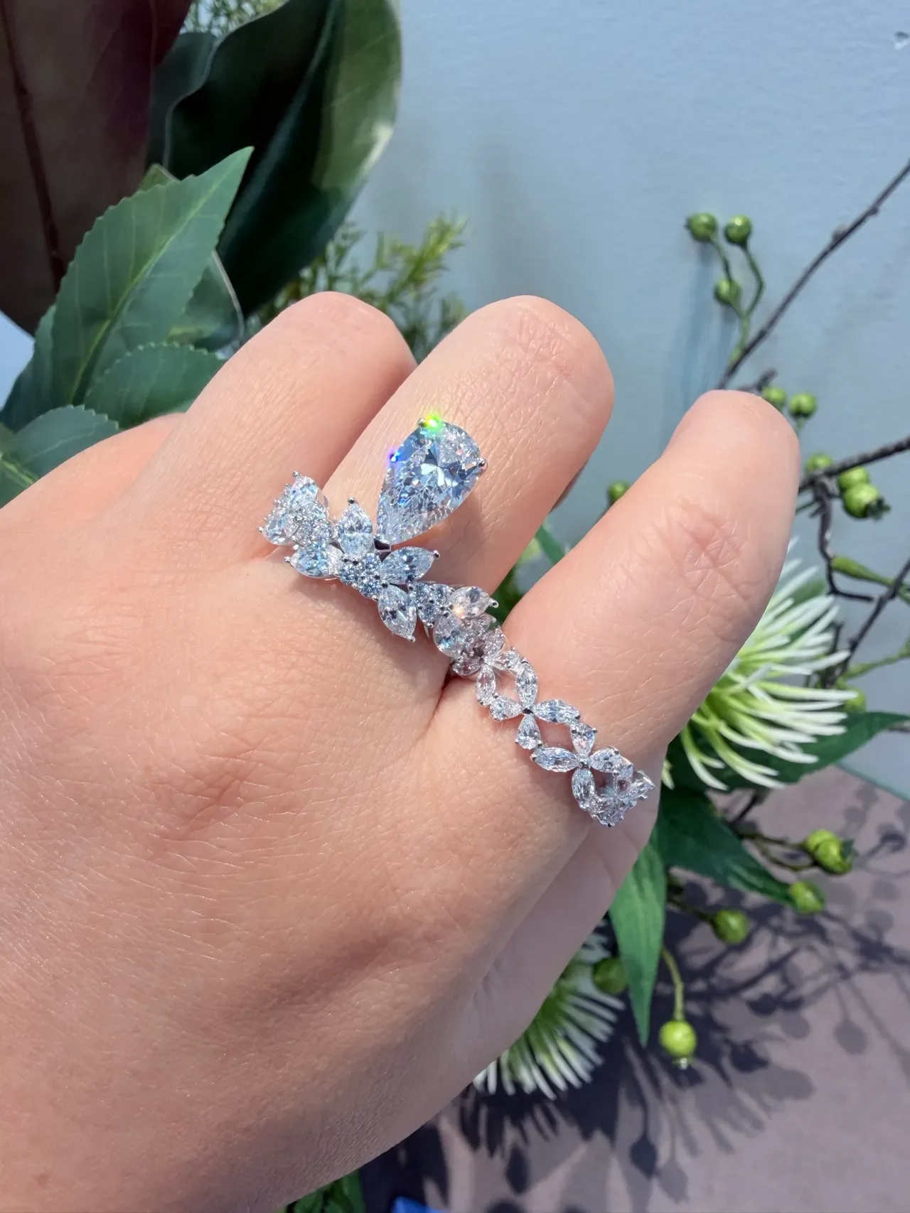 Pear-Cut and Marquise Cluster Floral Ring 7