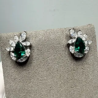 Pear-Cut Green Gemstone and Marquise Halo Floral Stud Earrings