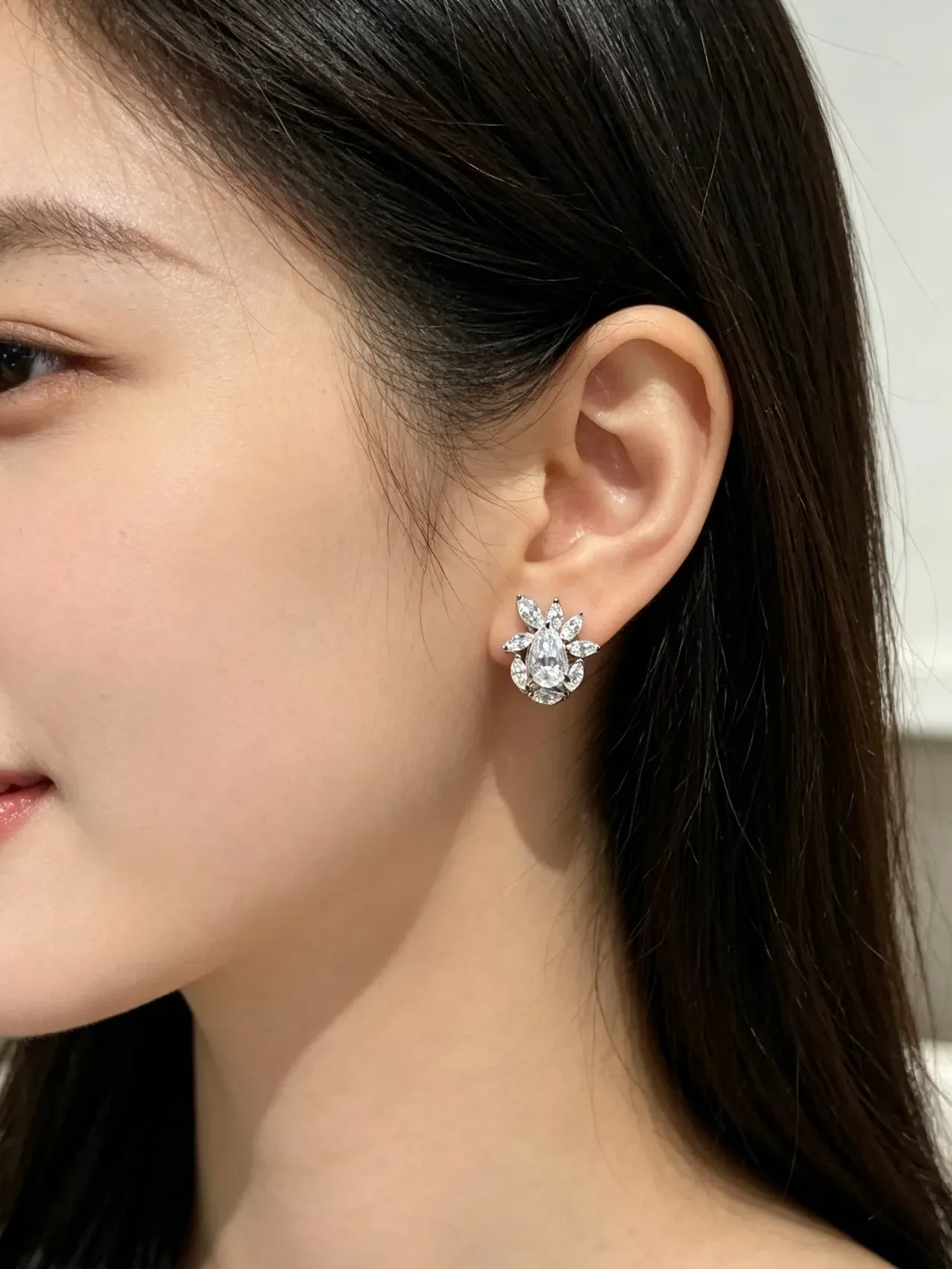 Pear-Cut Green Gemstone and Marquise Halo Floral Stud Earrings 2