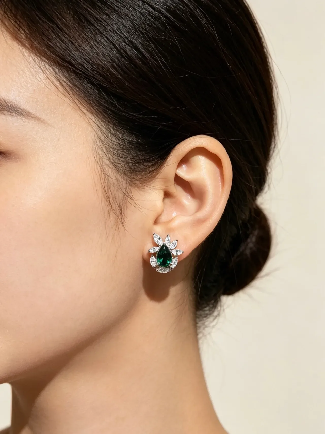Pear-Cut Green Gemstone and Marquise Halo Floral Stud Earrings 3
