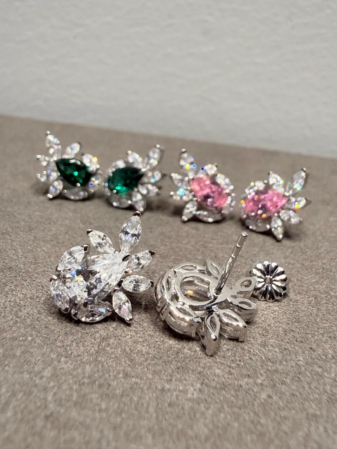 Pear-Cut Green Gemstone and Marquise Halo Floral Stud Earrings 4
