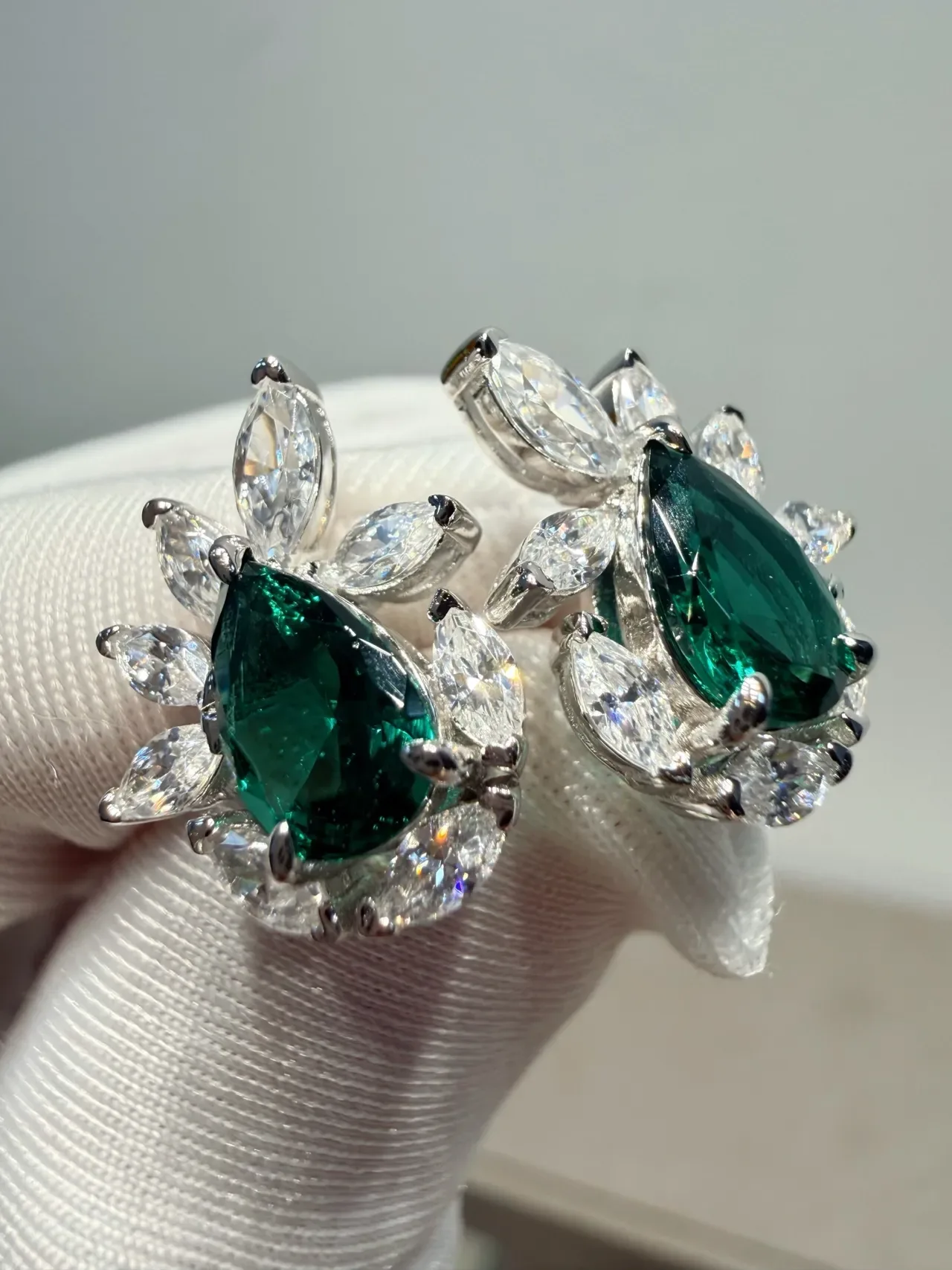 Pear-Cut Green Gemstone and Marquise Halo Floral Stud Earrings 6