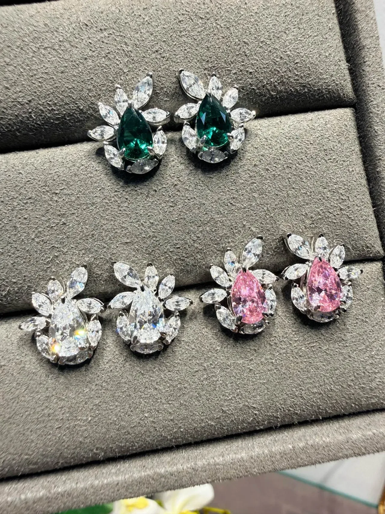 Pear-Cut Green Gemstone and Marquise Halo Floral Stud Earrings 7
