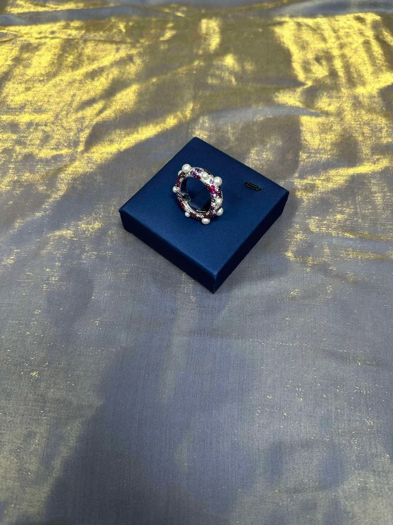 Pearl and Red Gemstone Encrusted Circular Hoop Ring 9