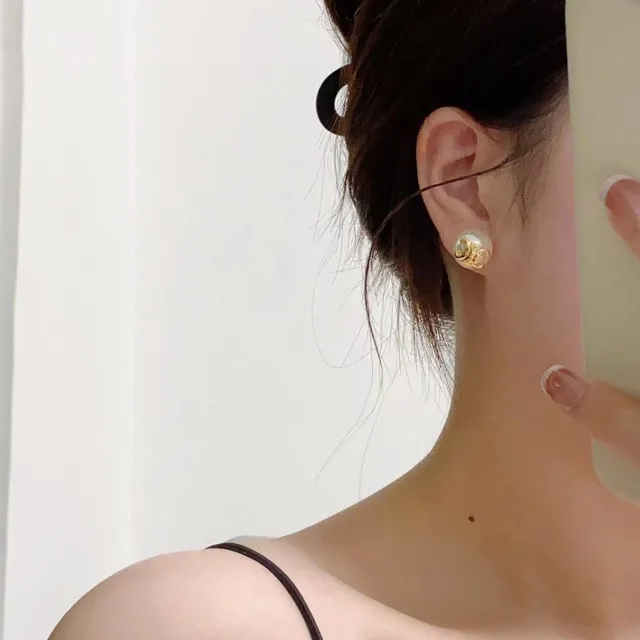 Pearl-Effect Sphere Gold Monogram Stud Earrings 9