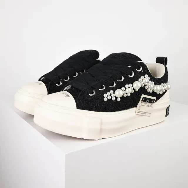 Pearl-Embellished Black Textured Upper Creme Platform Low-Top Sneakers 2