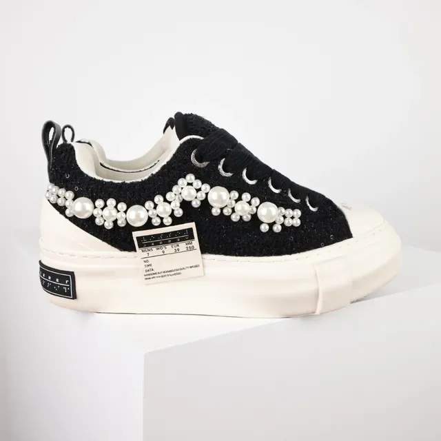 Pearl-Embellished Black Textured Upper Creme Platform Low-Top Sneakers 3