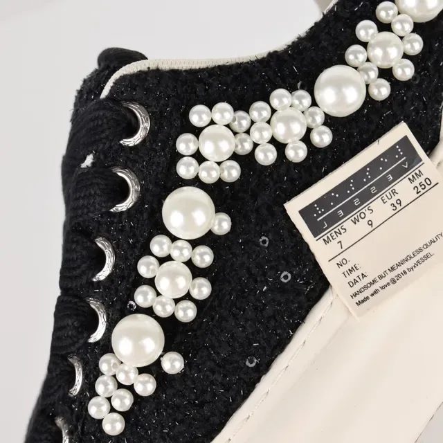 Pearl-Embellished Black Textured Upper Creme Platform Low-Top Sneakers 6