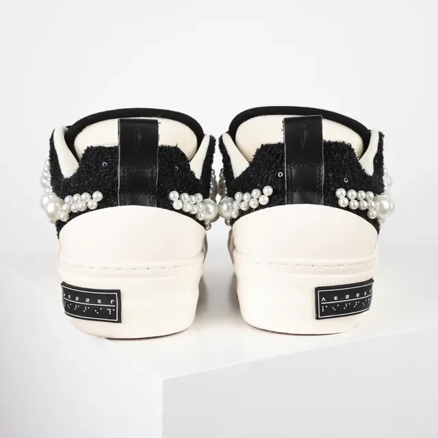 Pearl-Embellished Black Textured Upper Creme Platform Low-Top Sneakers 8