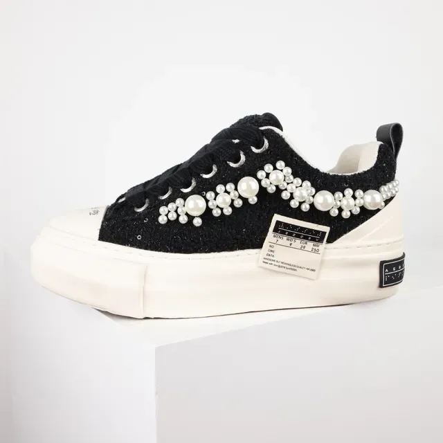 Pearl-Embellished Black Textured Upper Creme Platform Low-Top Sneakers 9