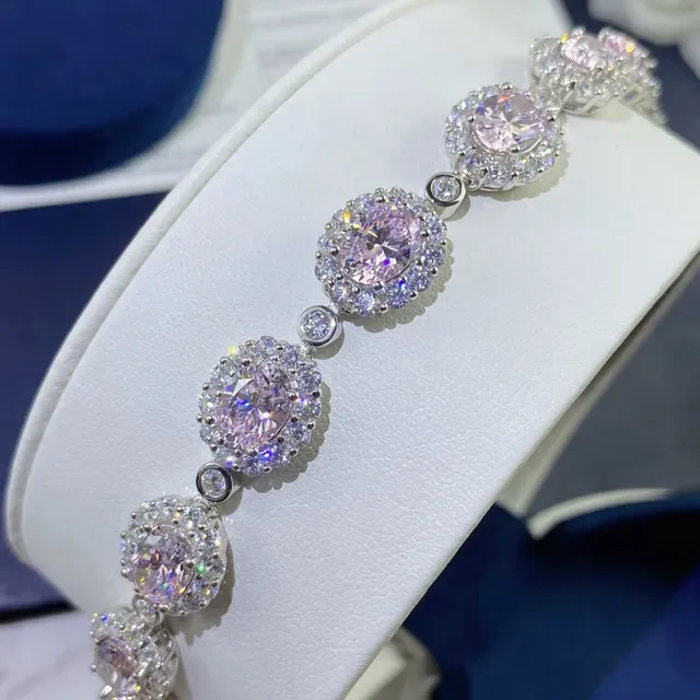 Pink and Clear Halo-Set Oval Stone Bracelet 5