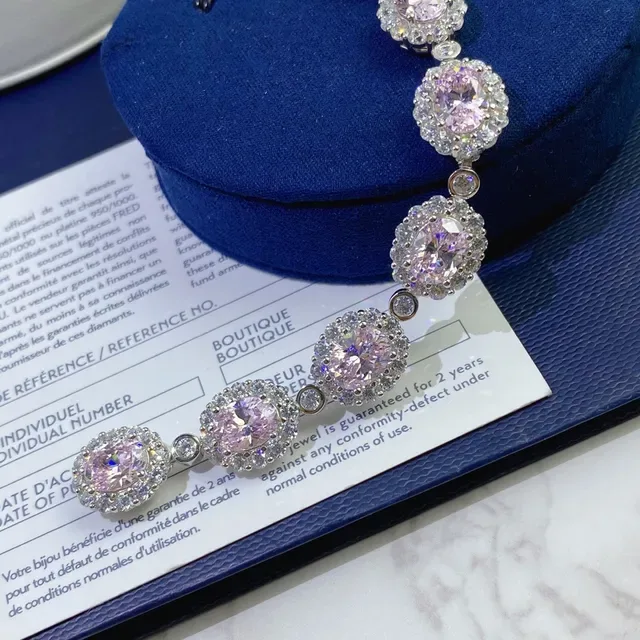 Pink and Clear Halo-Set Oval Stone Bracelet 7