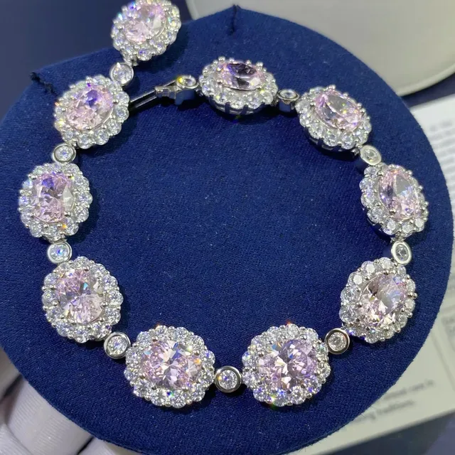 Pink and Clear Halo-Set Oval Stone Bracelet 8