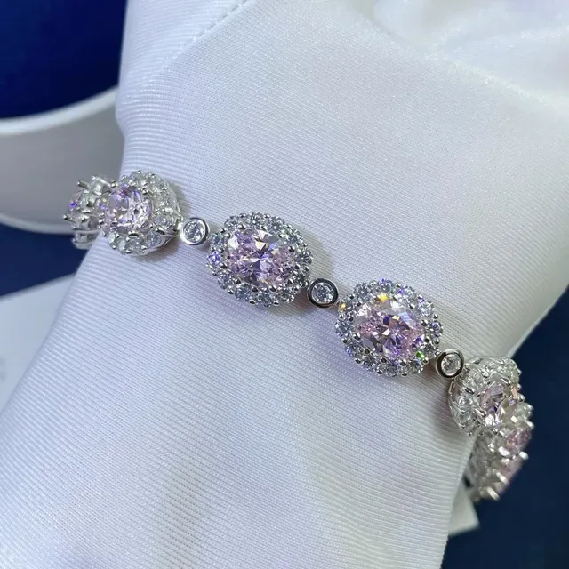 Pink and Clear Halo-Set Oval Stone Bracelet 9