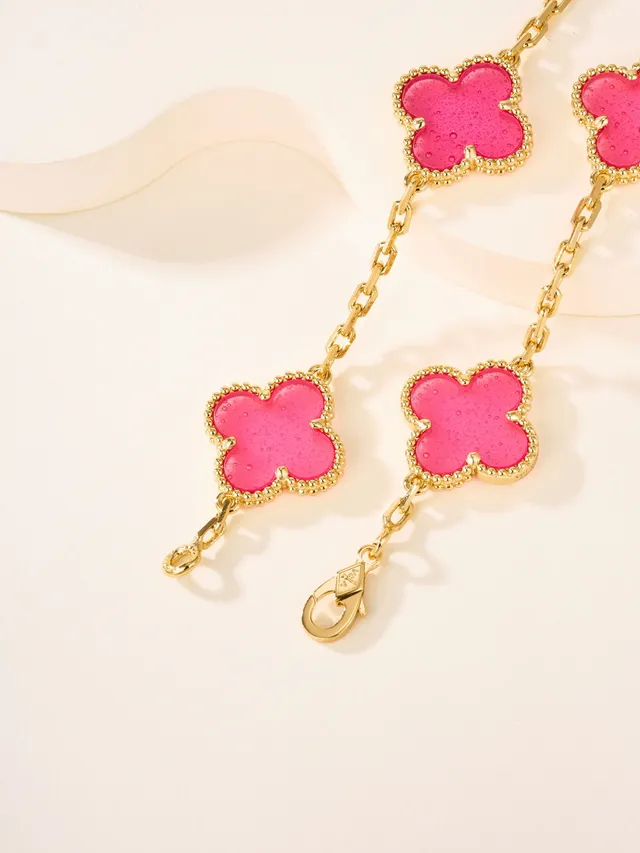 Pink Gold Chain Enamel Quatrefoil Charms Bracelet 3