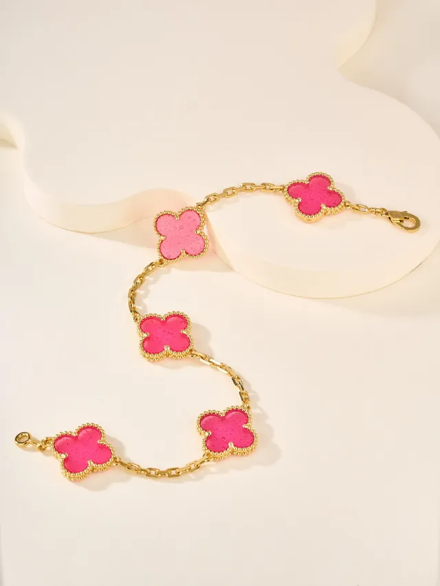 Pink Gold Chain Enamel Quatrefoil Charms Bracelet 5