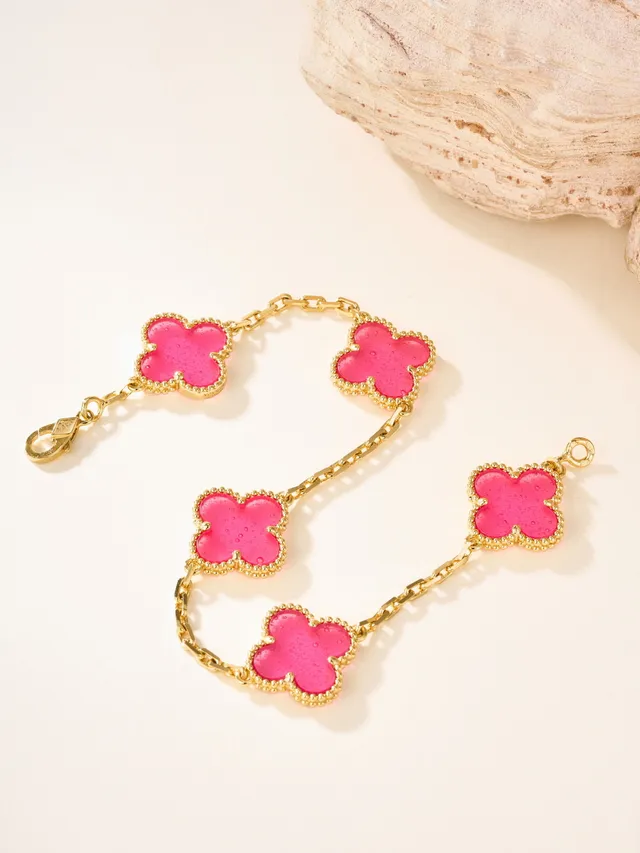 Pink Gold Chain Enamel Quatrefoil Charms Bracelet 6