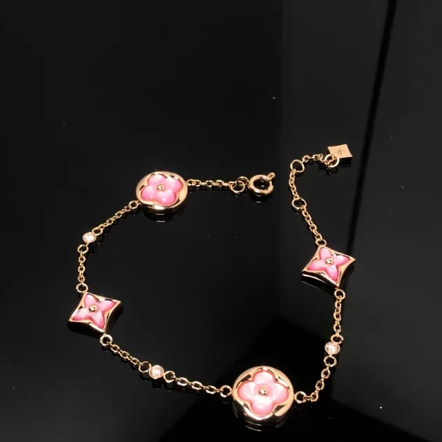 Pink Gold Chain Floral Enamel Charms Bracelet 3