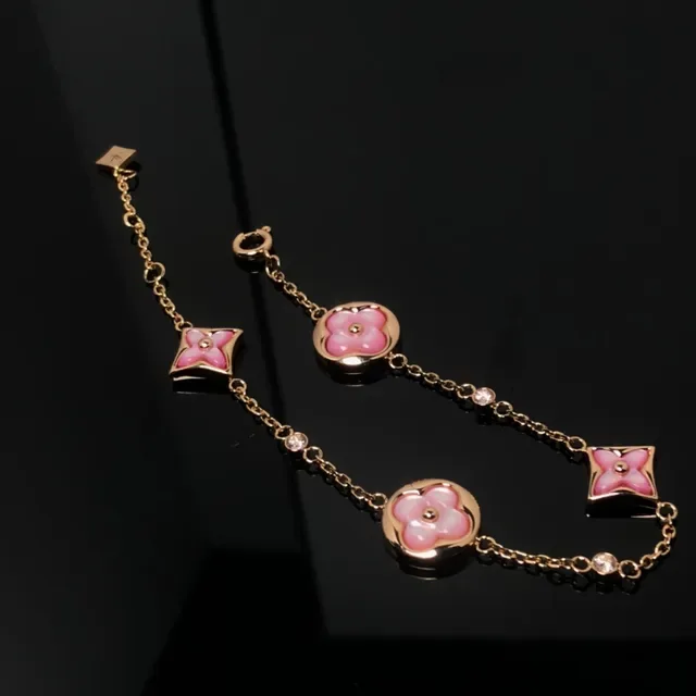 Pink Gold Chain Floral Enamel Charms Bracelet 4