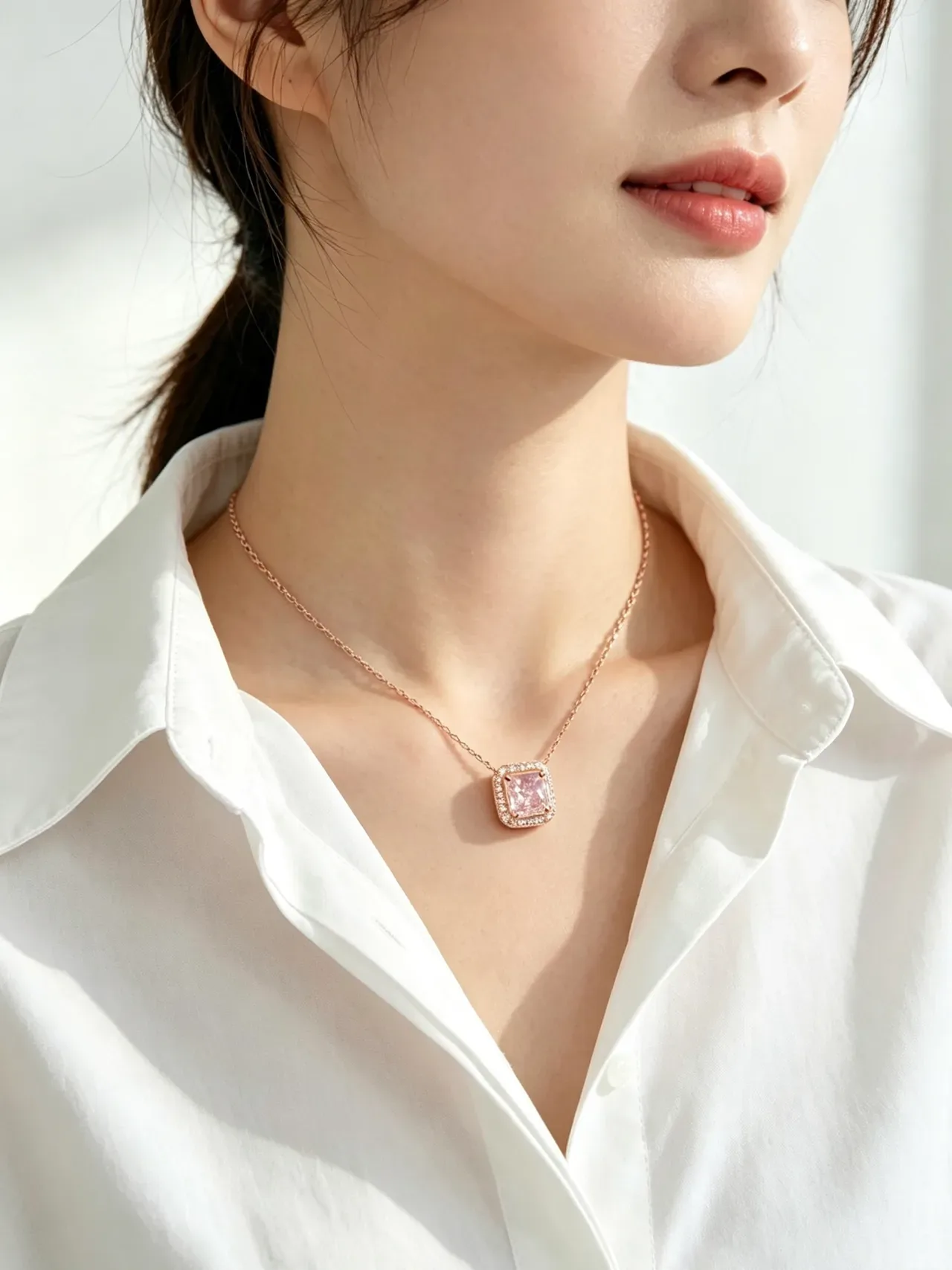 Pink Gold Square Cushion-Cut Central Stone Halo Pavé Setting Necklace 2
