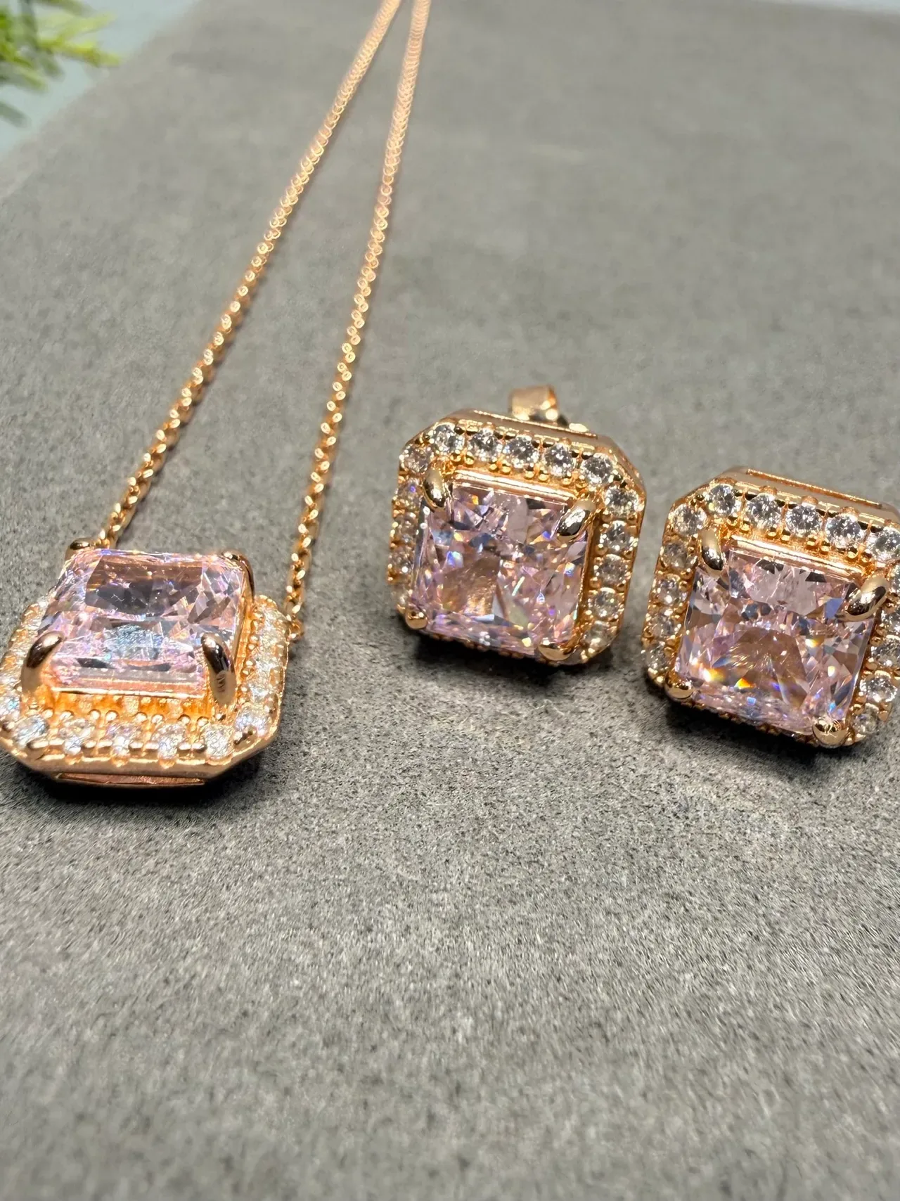 Pink Gold Square Cushion-Cut Central Stone Halo Pavé Setting Necklace 4