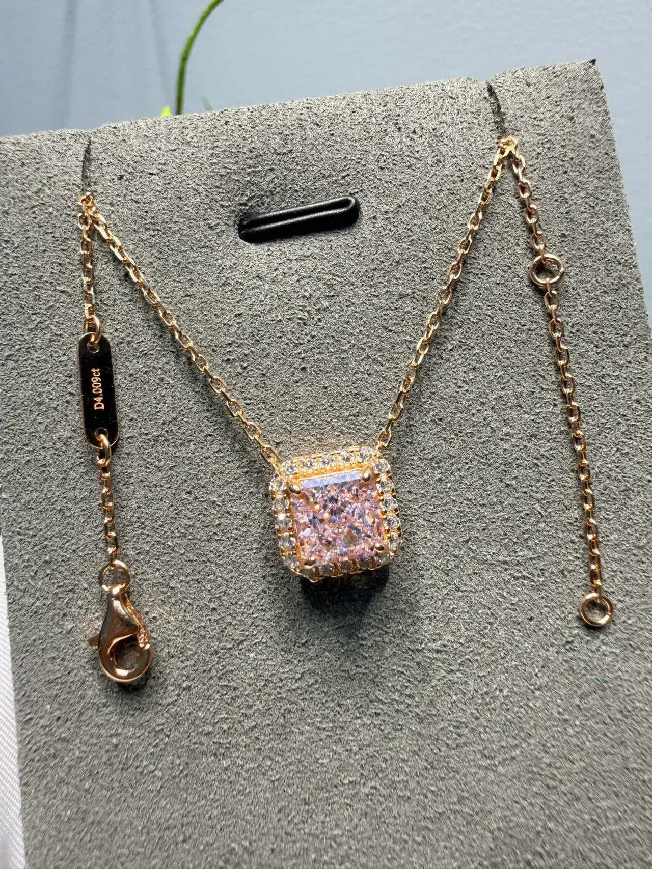 Pink Gold Square Cushion-Cut Central Stone Halo Pavé Setting Necklace 5