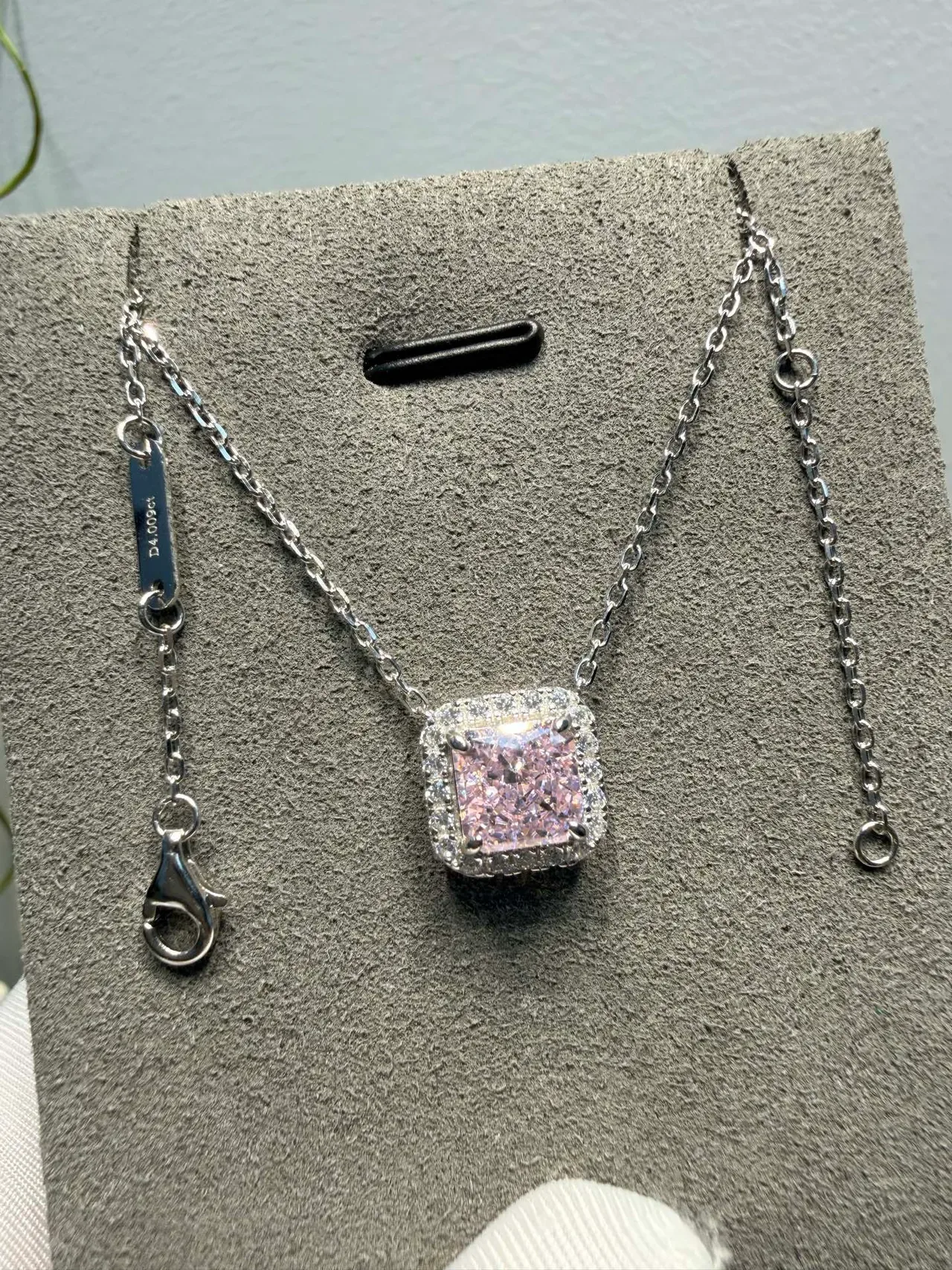 Pink Gold Square Cushion-Cut Central Stone Halo Pavé Setting Necklace 6