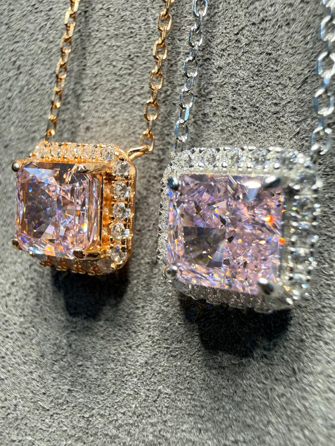 Pink Gold Square Cushion-Cut Central Stone Halo Pavé Setting Necklace 9