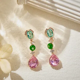 Brincos de Gota com Pedras Múltiplas Rosa e Verde, Ajuste de Tom Dourado