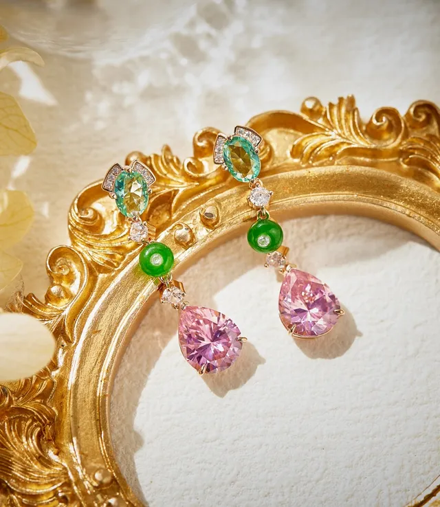 Pink Green Multi-Stone Drop Gold-Tone Setting Earrings 6