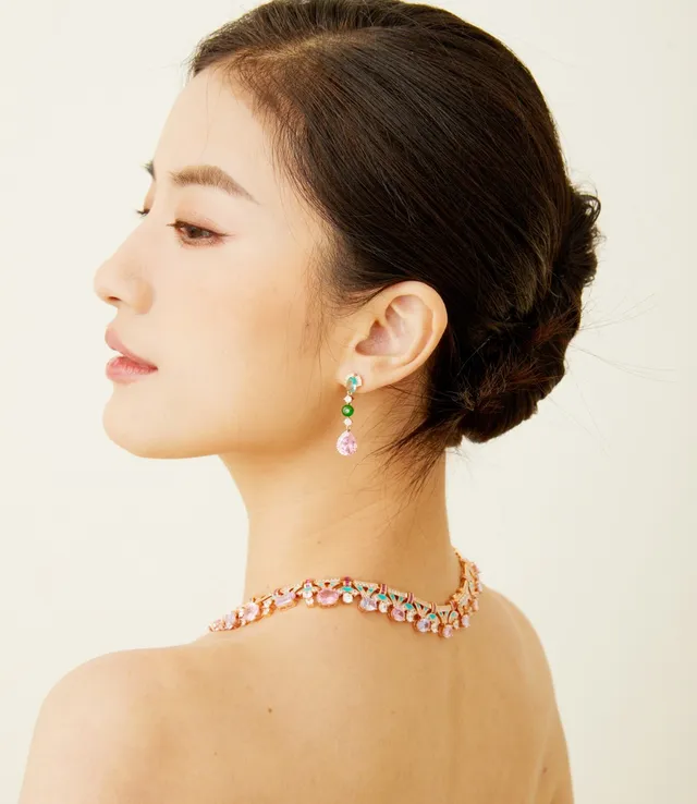 Pink Green Multi-Stone Drop Gold-Tone Setting Earrings 7