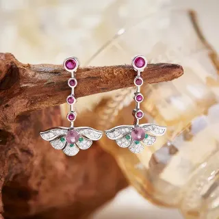 Pink Green Wing-Shaped Pavé-Set Earrings